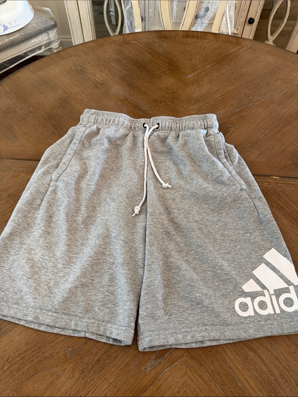 adidas Gray Athletic Logo Shorts with Drawstring Size Small